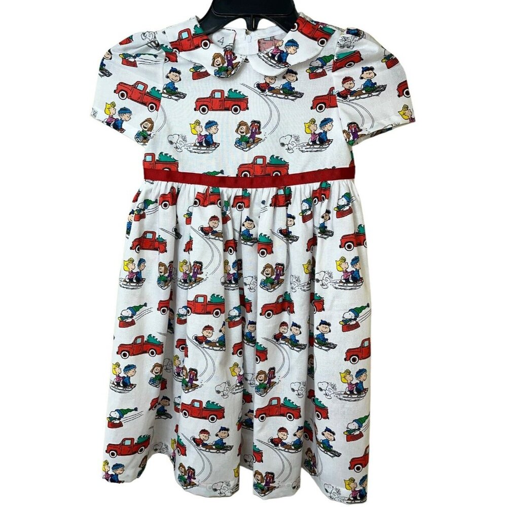 4T Girls Dress Peanuts Snoopy Charlie Brown Christmas Cotton Snow Sledding EUC